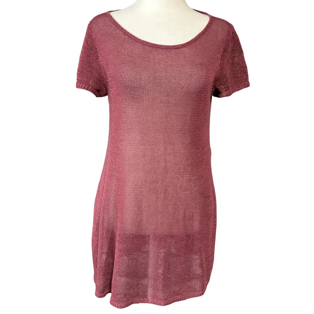 Eileen Fisher Sweater Womens XS Pink Organic Linen Tunic Scoop Neck Sheer Knit